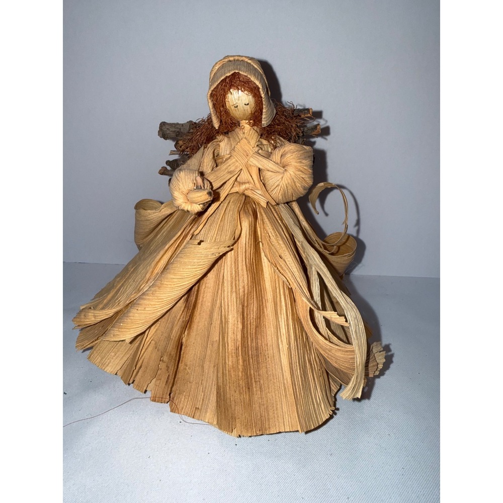 Vintage Corn Husk Doll Wood Gatherer Folk Art Rustic Farmhouse Decor Handcrafted
